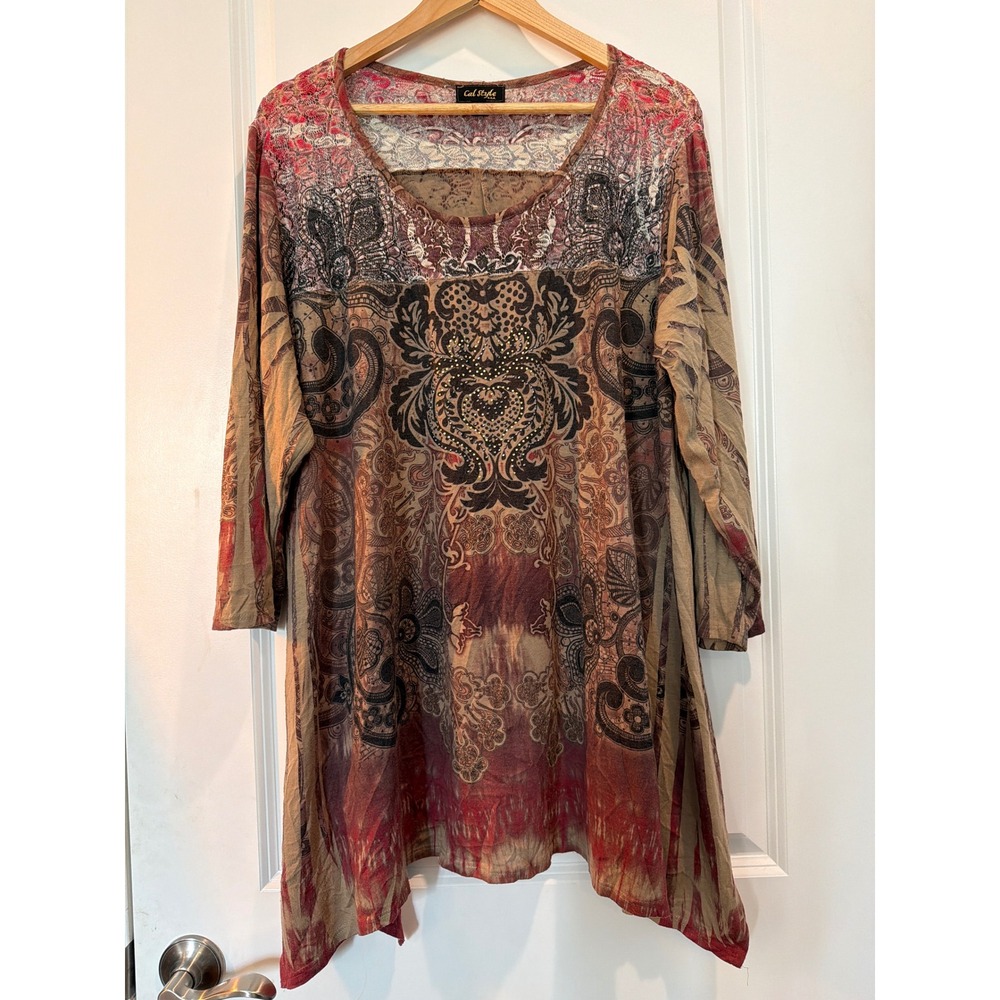 Cal Style USA Women 3XL Tunic Top Paisley Rhinestone Lace Sharkbite Hem Brown